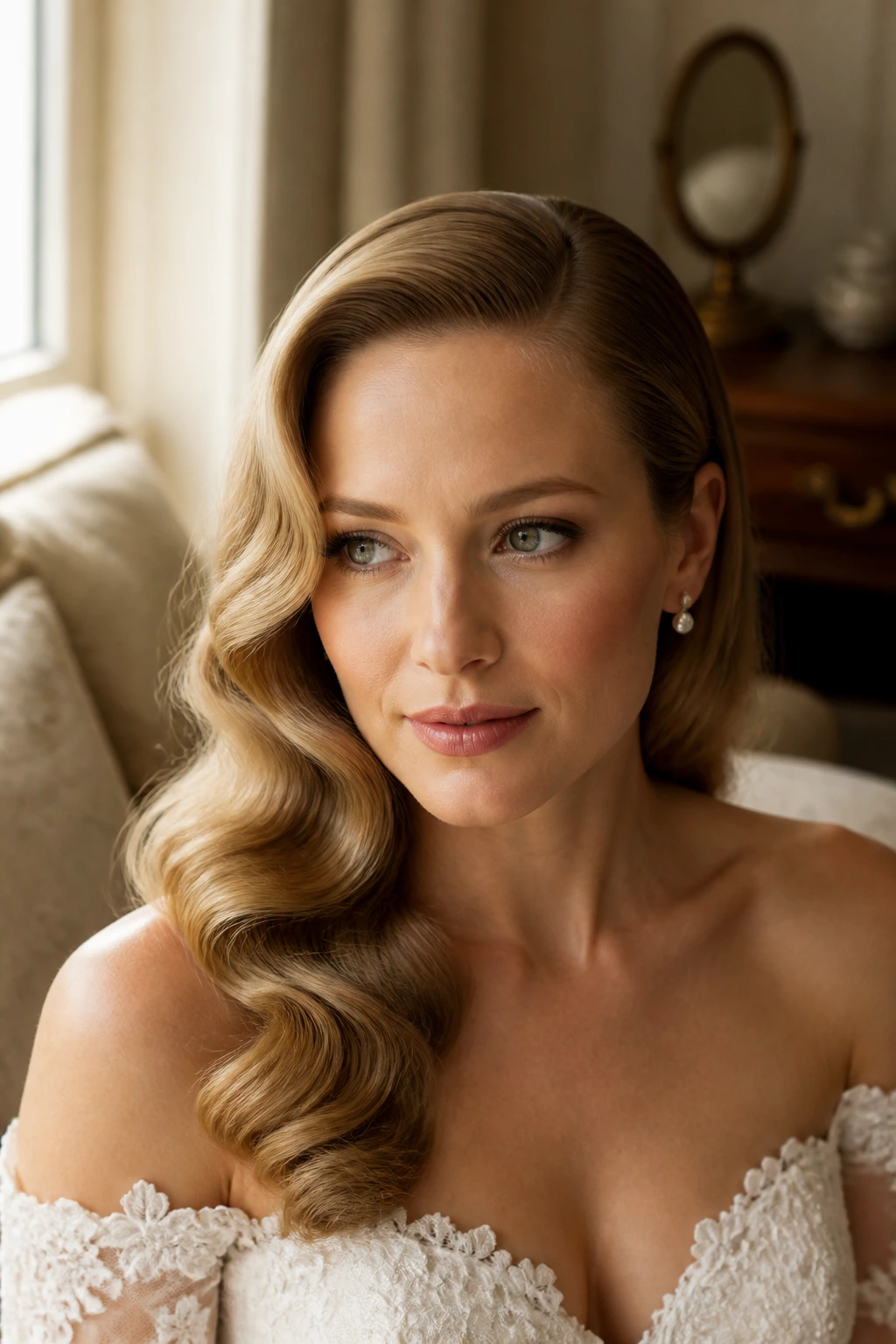 Close-up of a bride with deep-side-part soft Hollywood waves in warm window light.