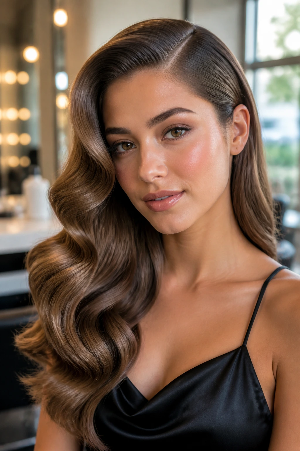 Real woman with Hollywood waves and deep side part in a warm salon
