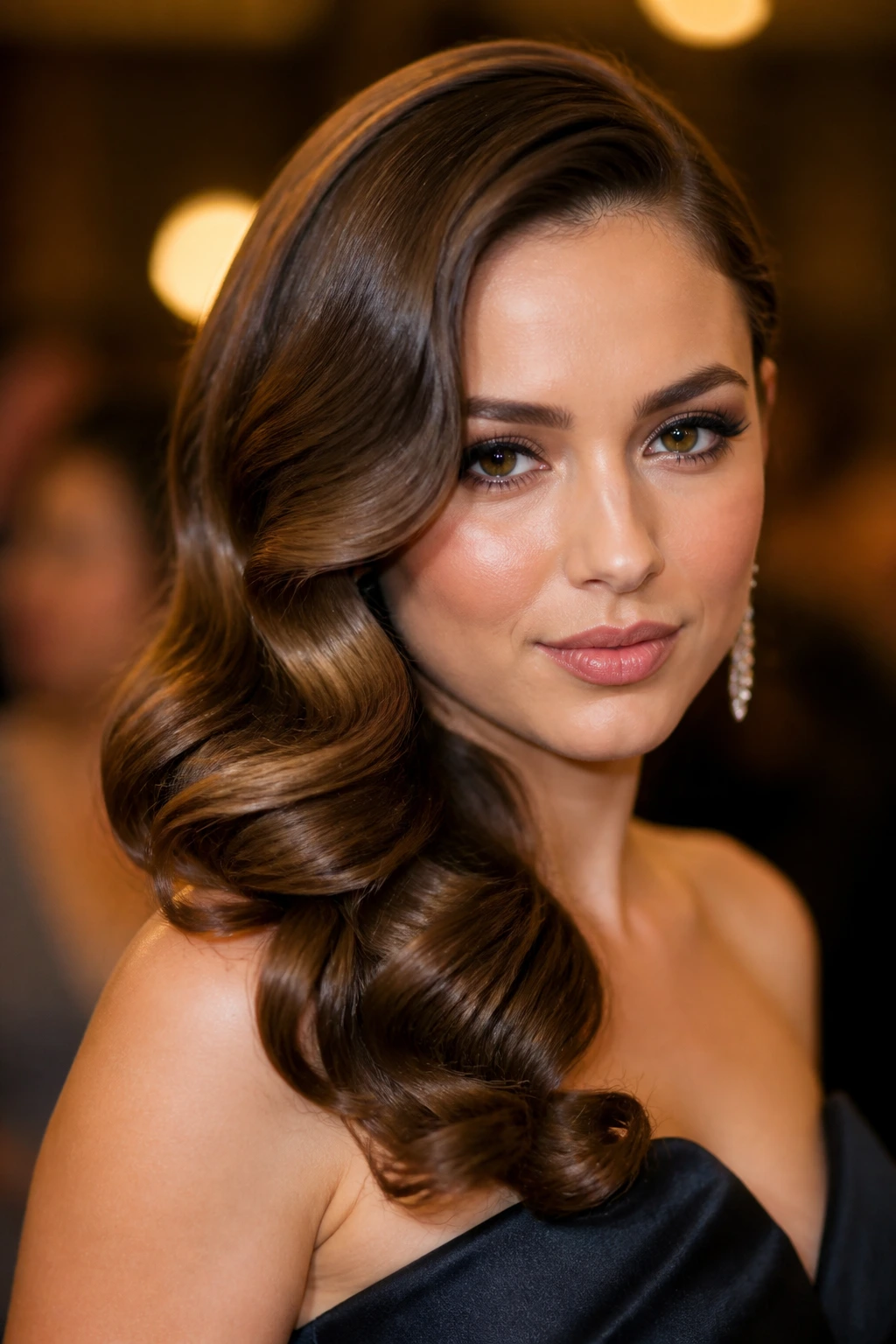 Portrait of a woman with Hollywood waves and a deep side part