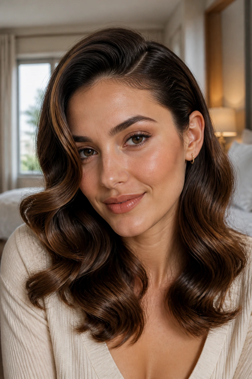 Close-up of a real woman's deep side-part Hollywood waves hairstyle.