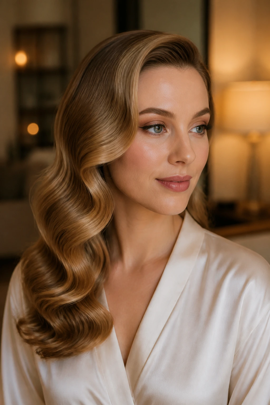 Portrait of a real woman with glossy brushed-out Hollywood waves in a warm living room