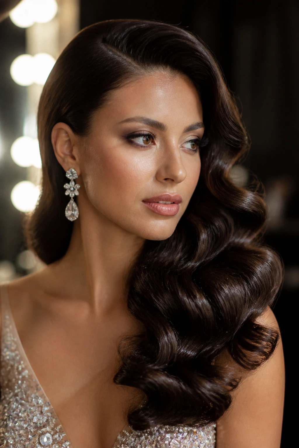 Portrait of a real woman with deep side-part Hollywood waves