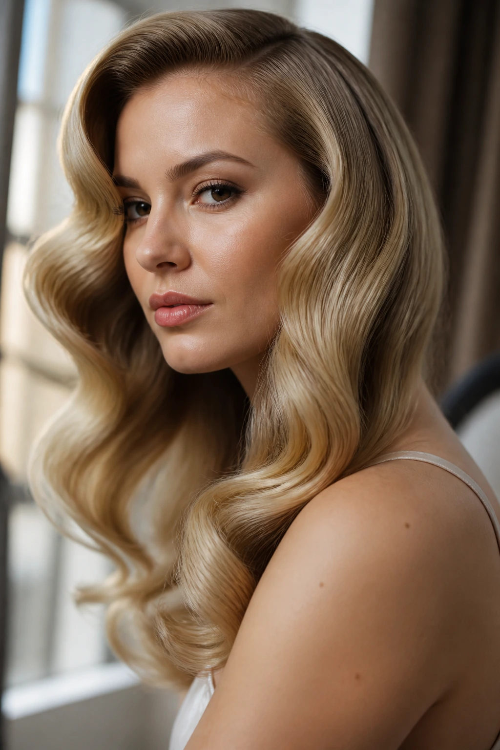 Real woman with brushed-out Hollywood waves cascading down shoulder