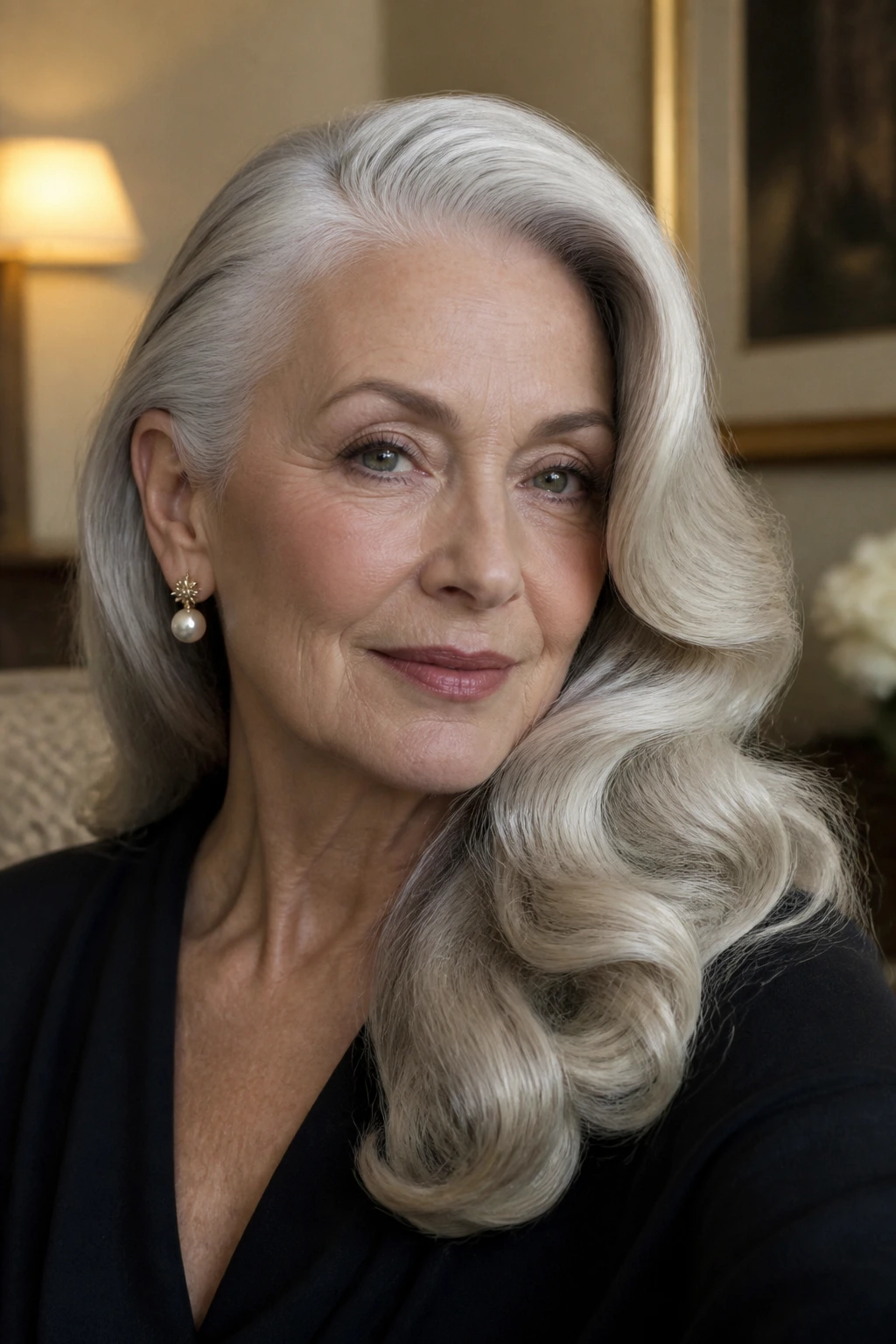 Older woman with brushed-out Hollywood waves in soft light