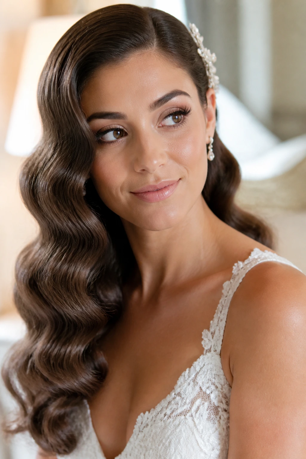 Real woman with Hollywood waves and side part in a dressing room