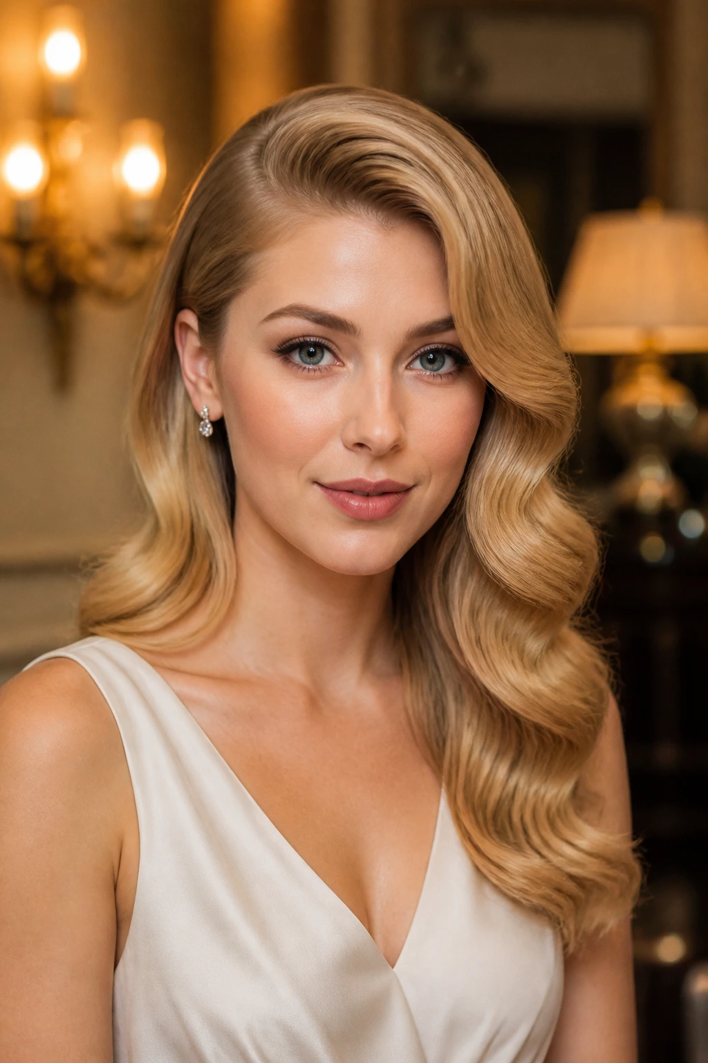 Medium close-up of a real woman with Hollywood waves and a soft side sweep