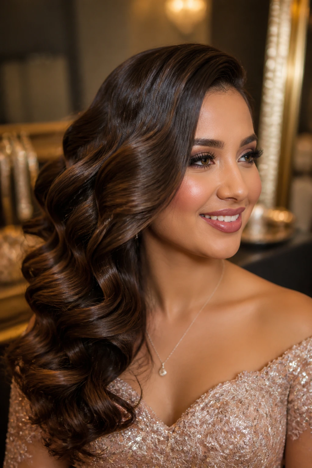 Portrait of a real woman with Hollywood waves and side sweep