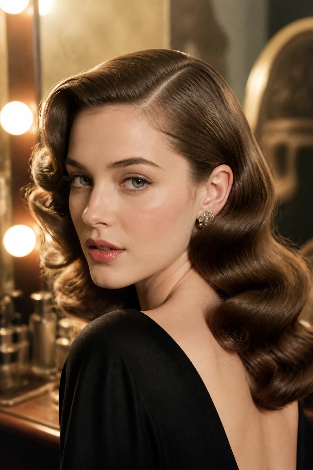 Close-up portrait of woman with deep side-part Hollywood waves.