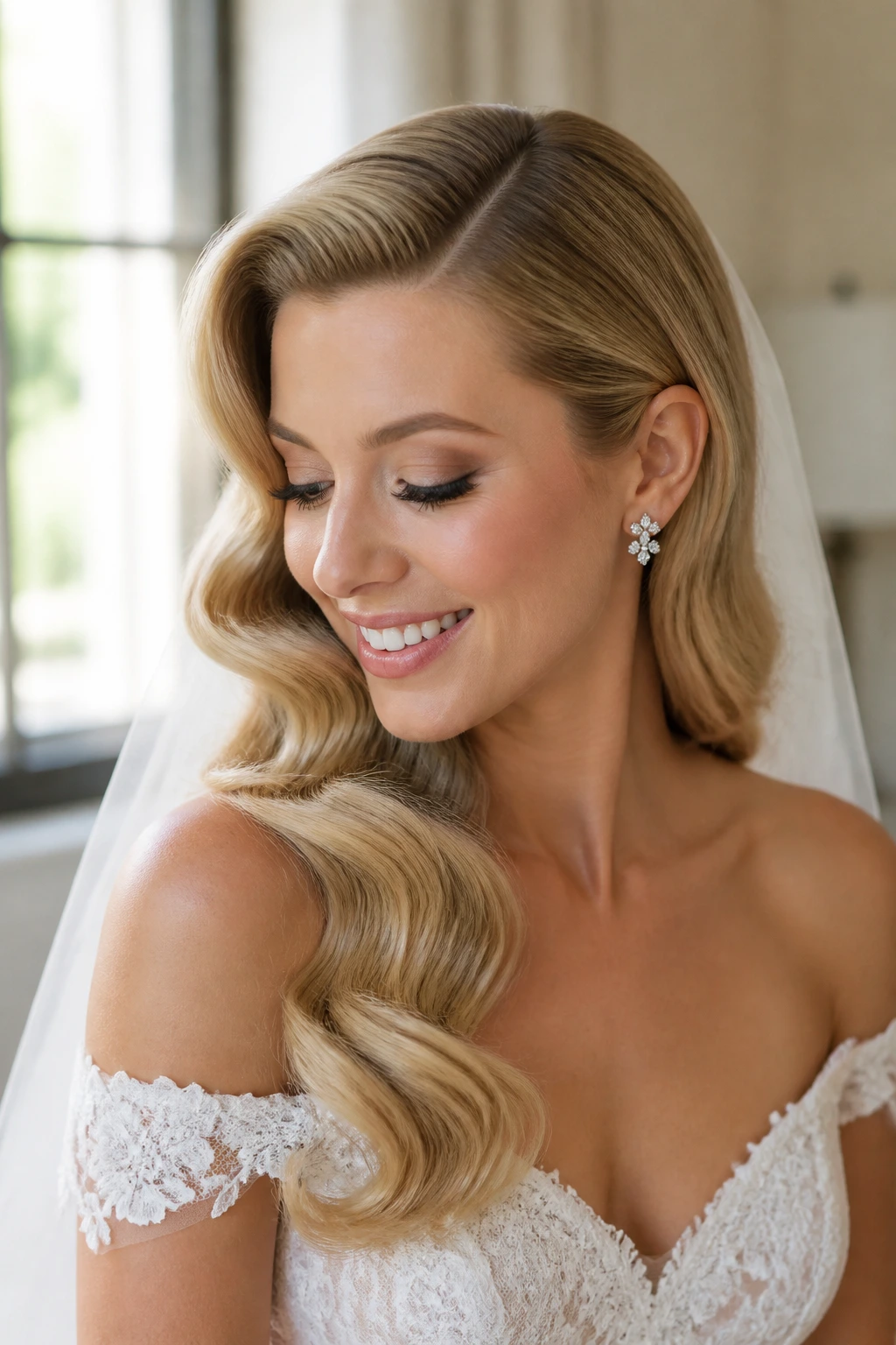 Real bride with soft Hollywood waves and deep side part