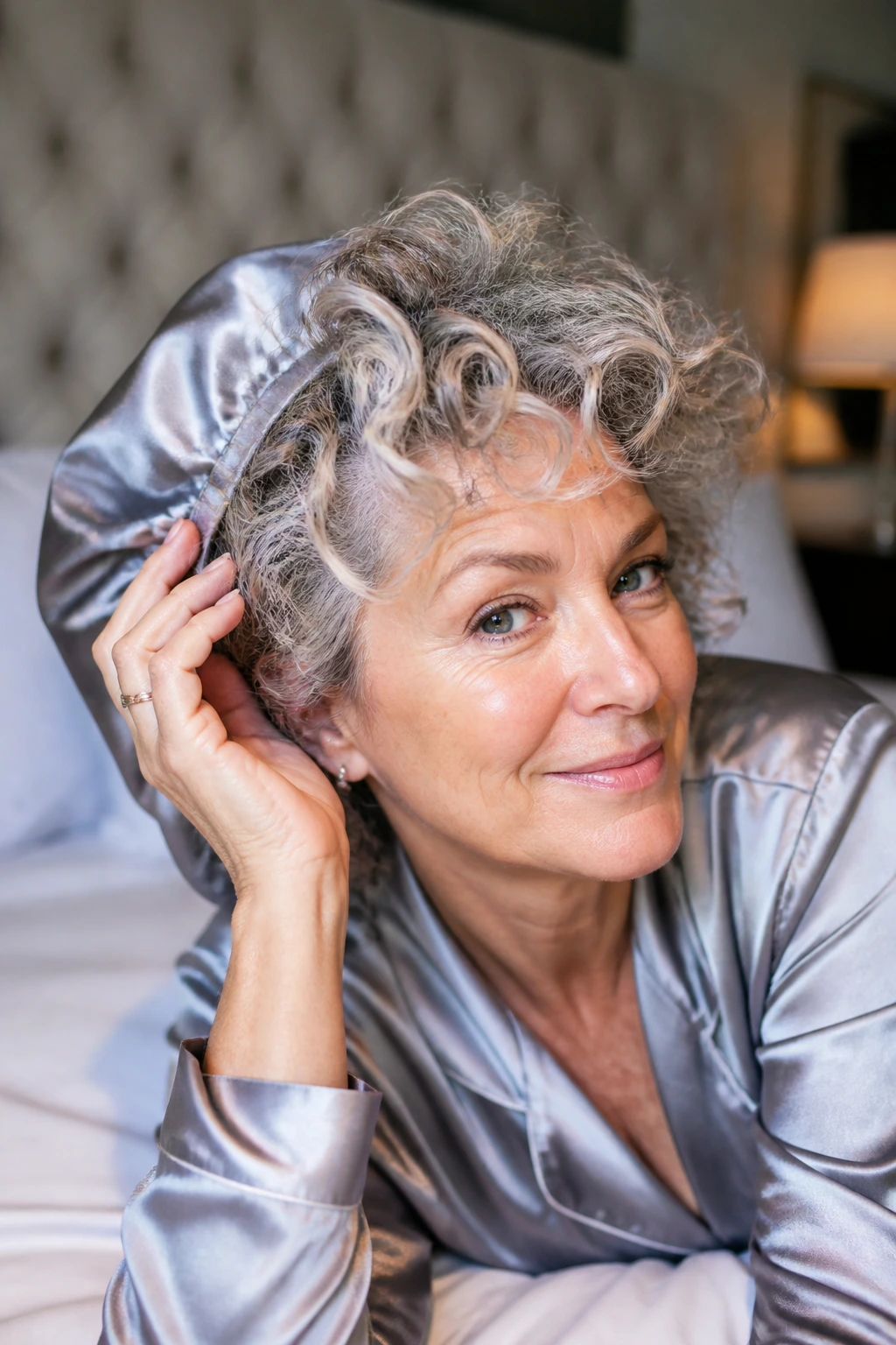 Home care scene with satin bonnet maintaining curly shag shape