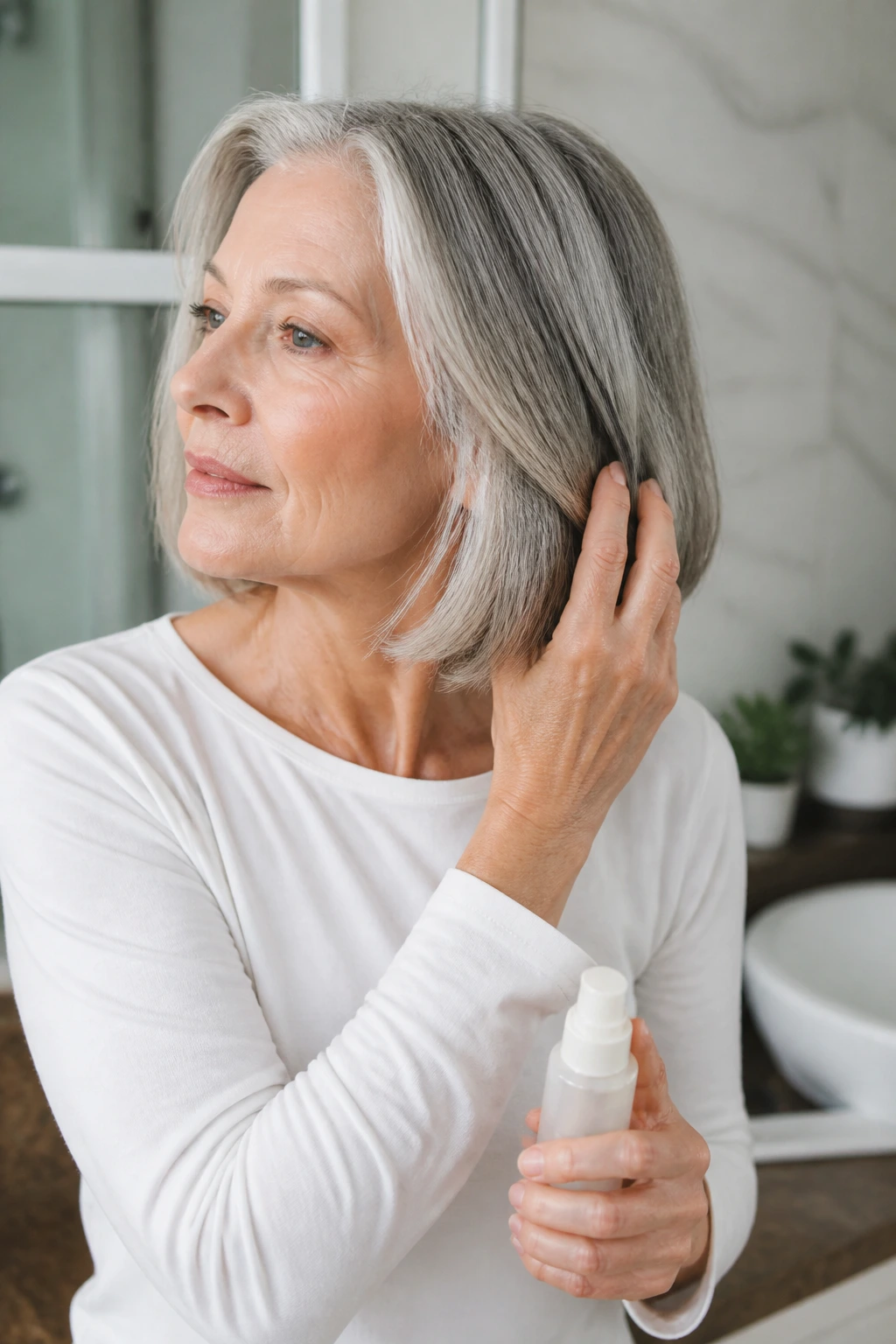 Older woman applying leave-in conditioner to mid-lengths of a thick bob in a bathroom