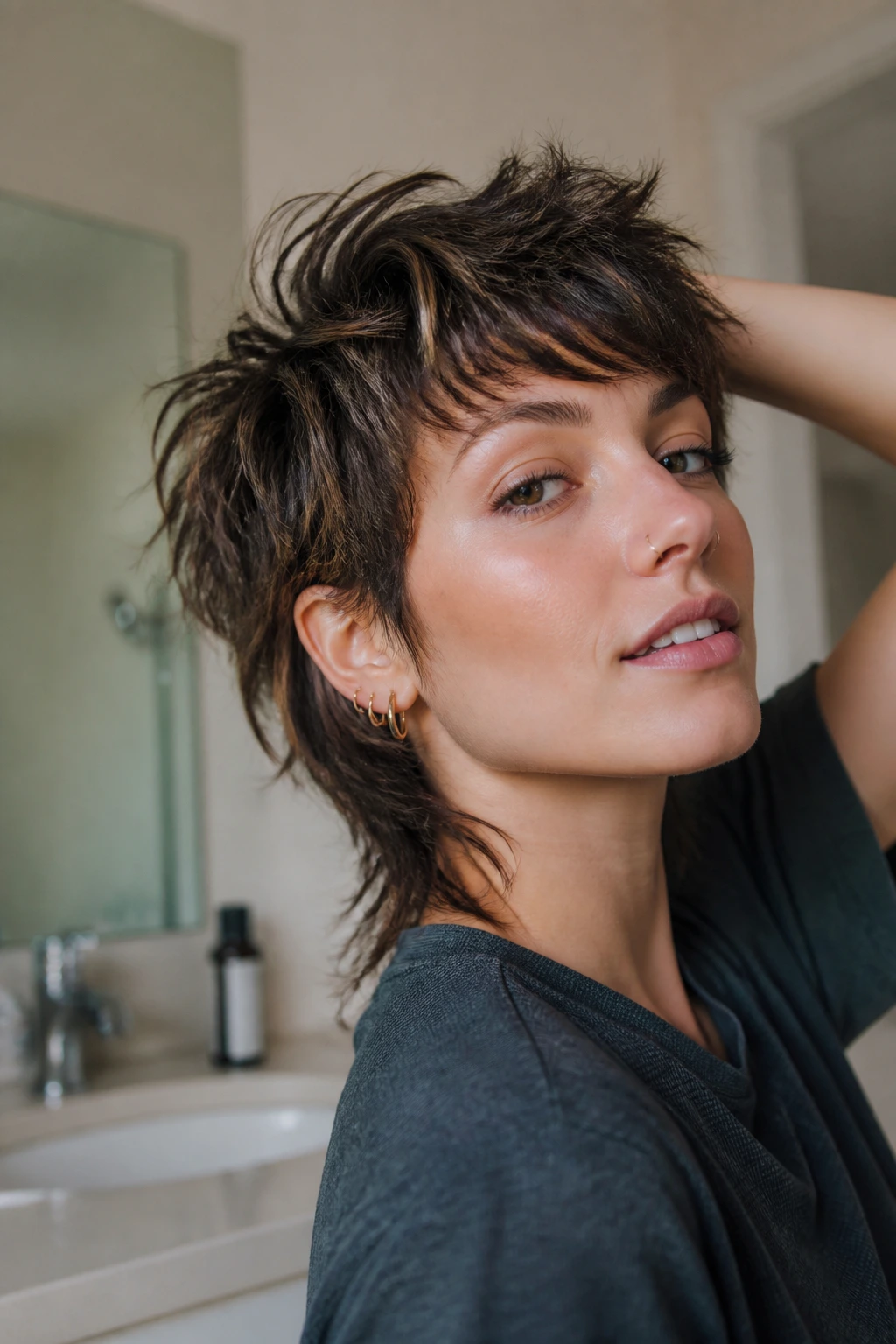 Close-up of a real person refreshing mullet hairstyle at home in bathroom lighting