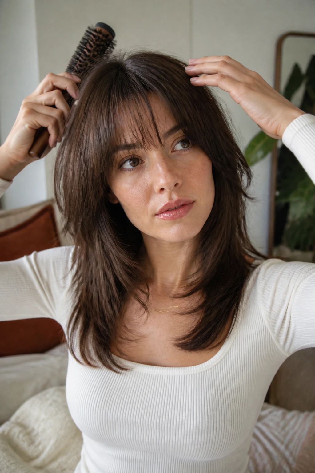 Person styling layered hair with bangs at home