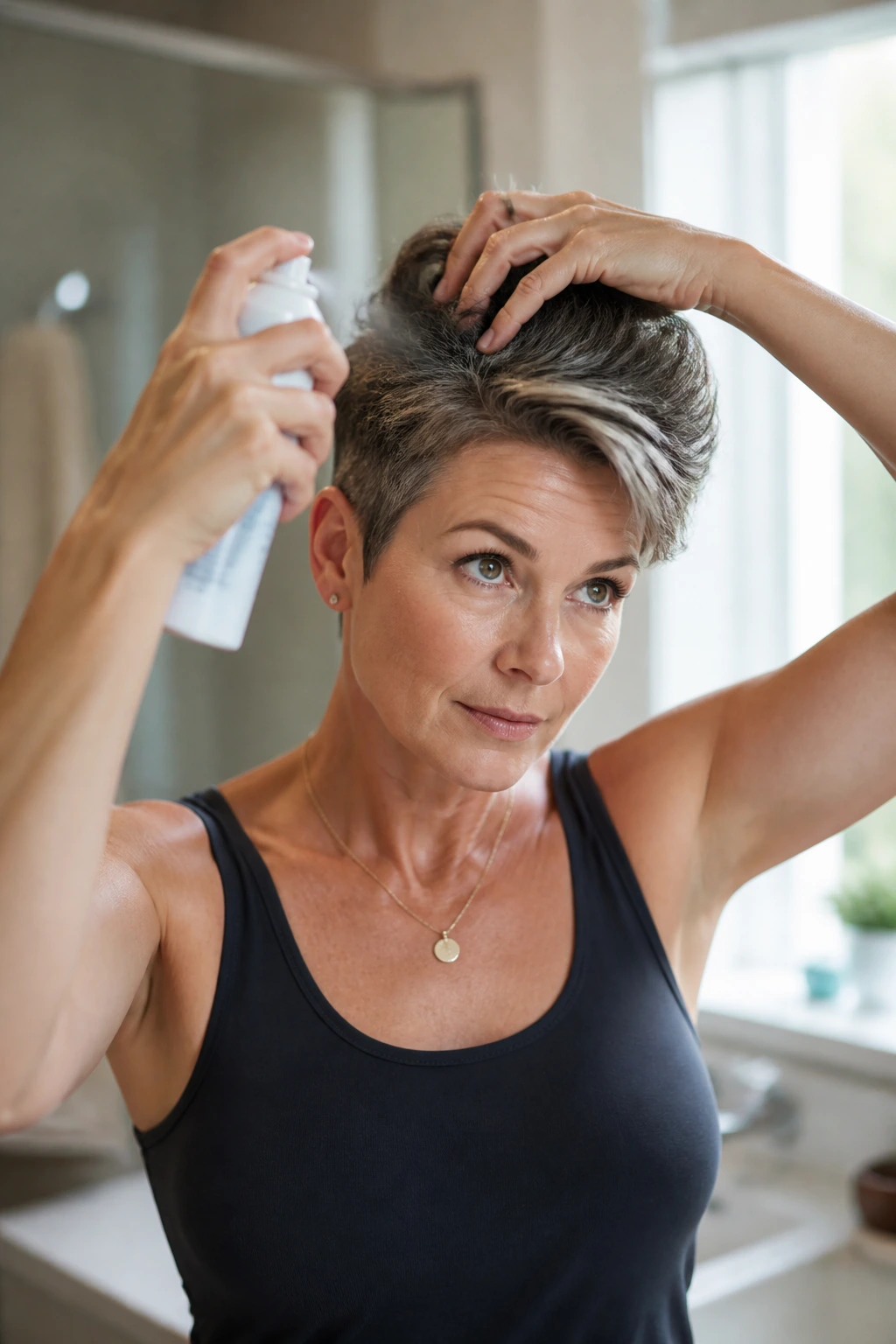 Person styling short thick hair at home to maintain shape between visits.