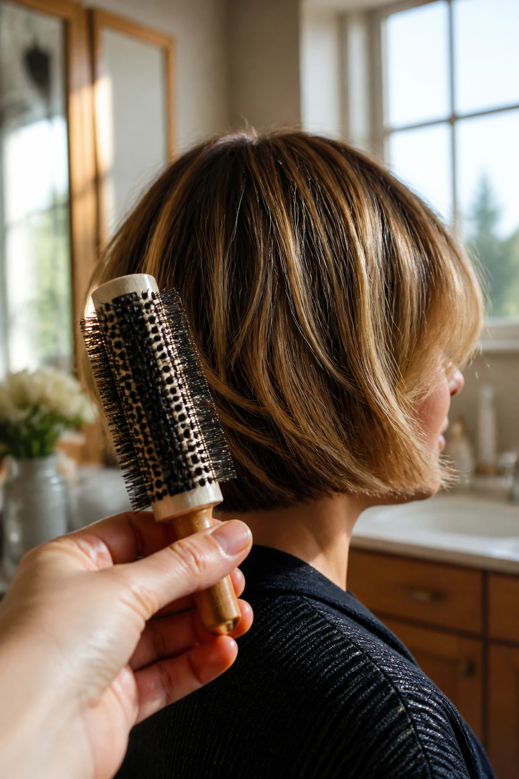 Close-up of a hand holding a round brush near a layered bob at home