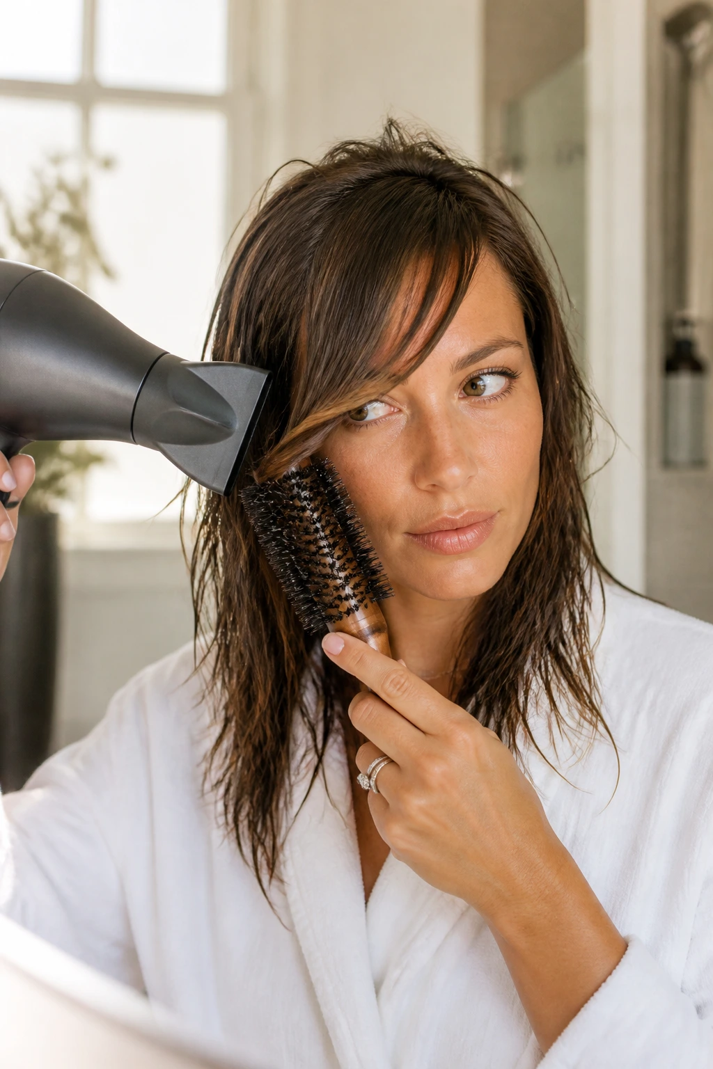 Person styling side-swept bangs at home with dryer and brush