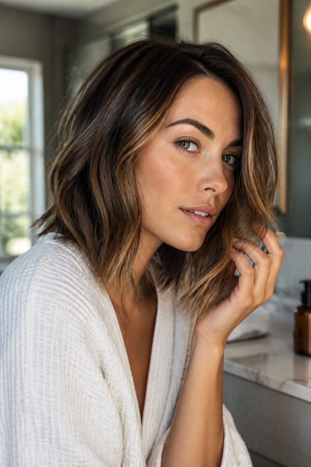 Close-up of a real person styling textured lob at home with hands in hair