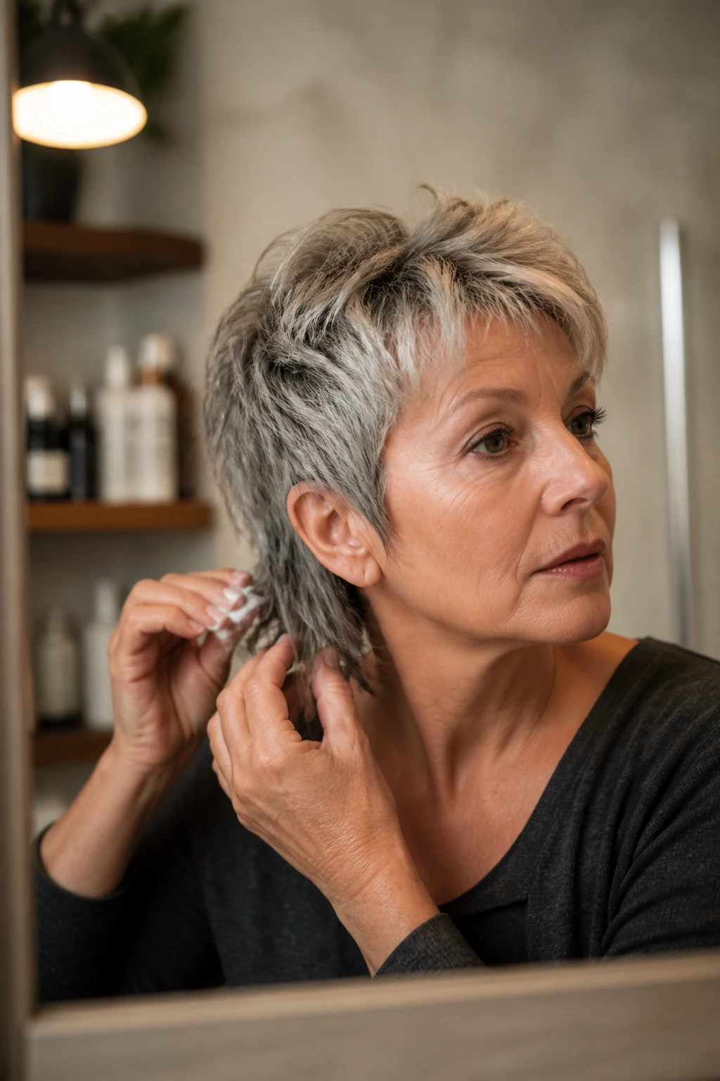 Close-up of a real woman styling her short mullet at home in a bathroom with natural light.