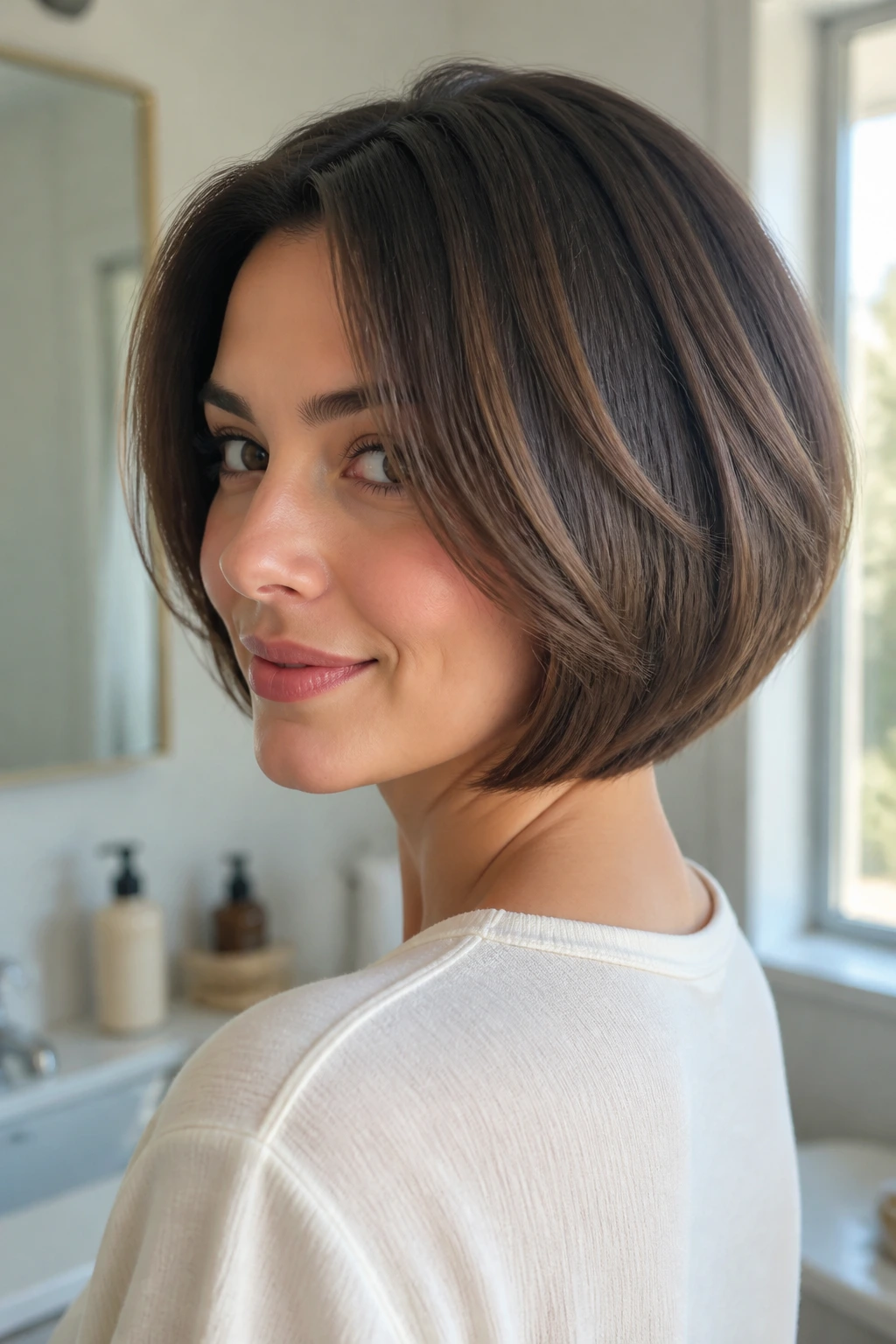 Real person with home-styled stacked bob, ends under and crown lifted