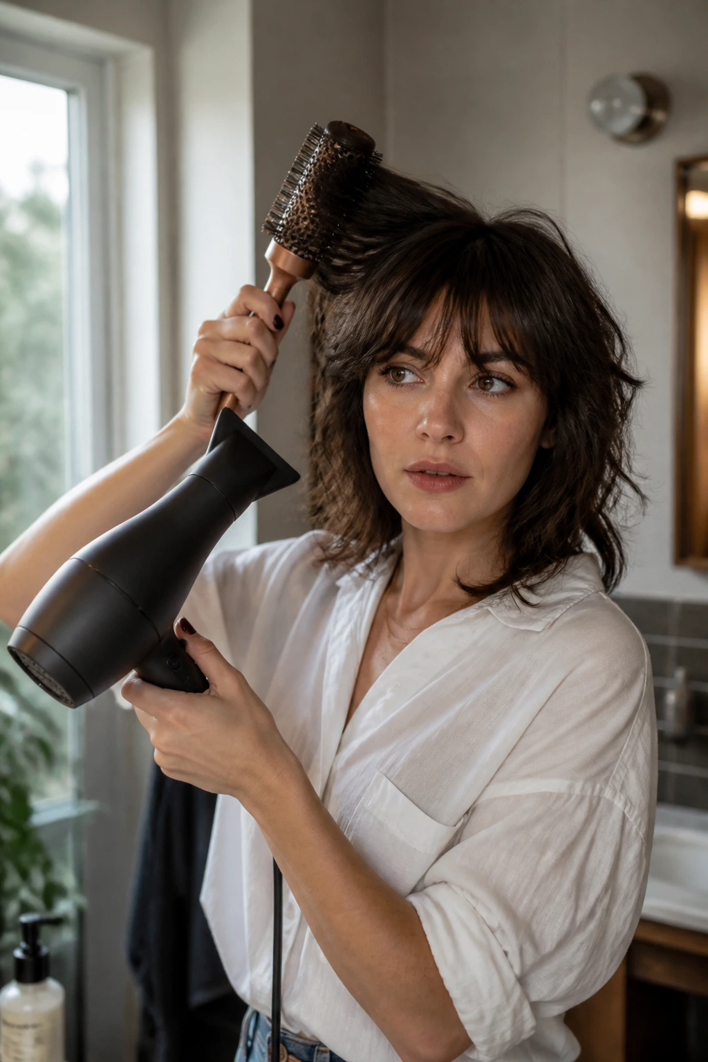 Real person styling a thick wolf cut at home with a round brush in a cozy bathroom.