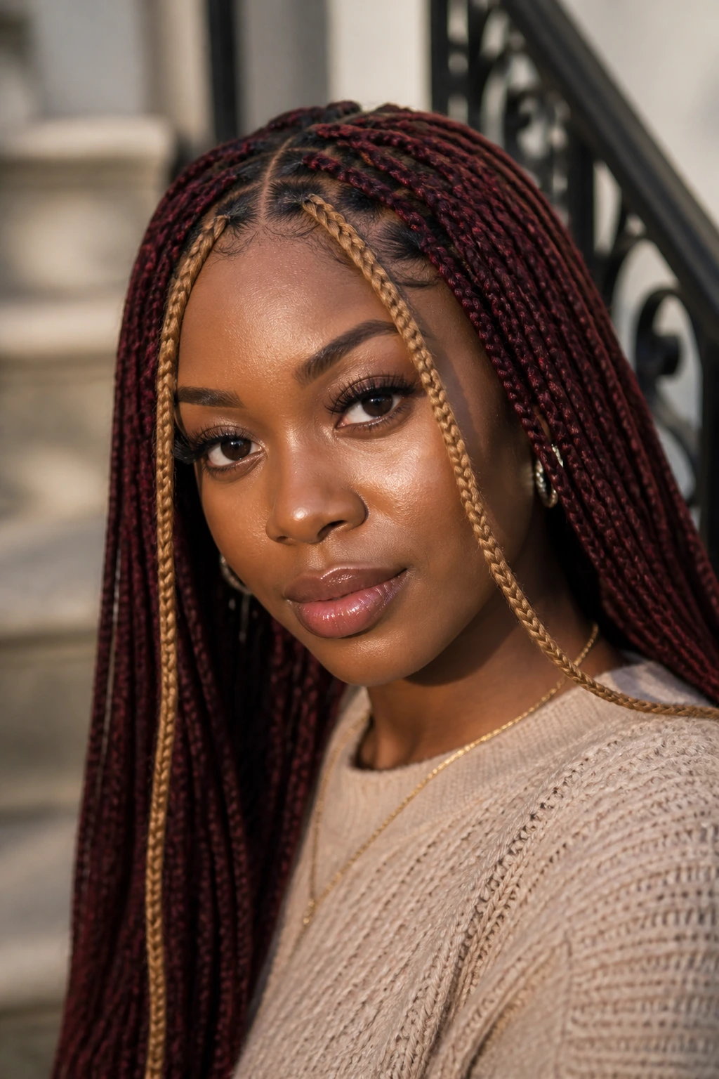 Close-up of burgundy knotless braids with honey-accent face framing on a real person