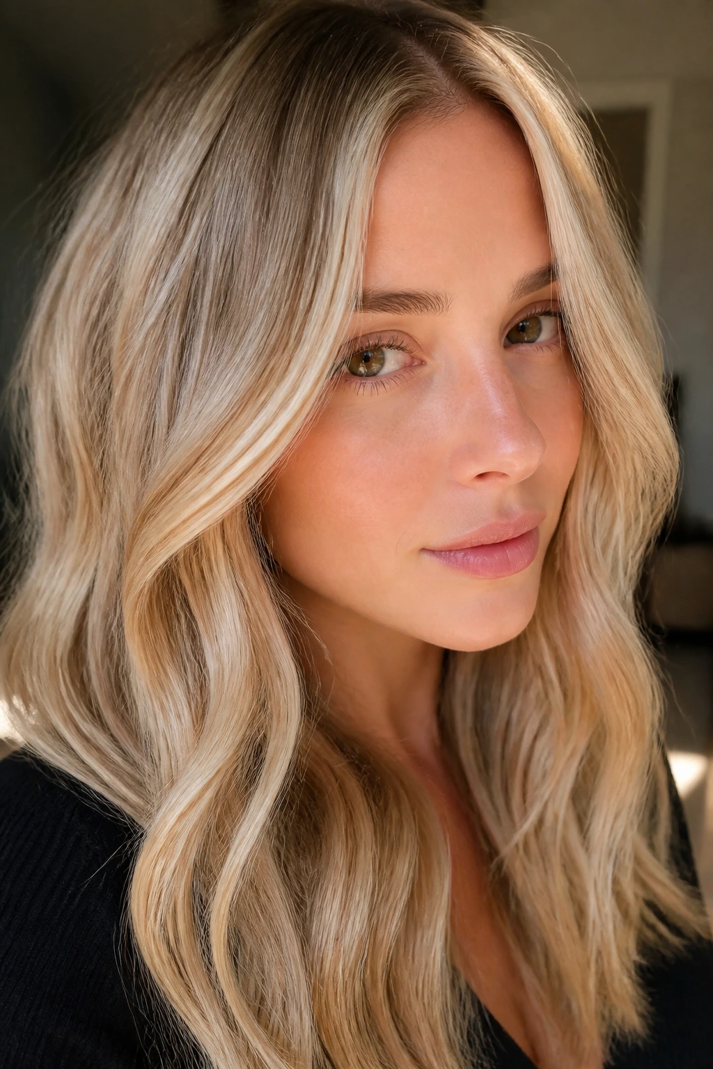 Close-up of a real woman with champagne blonde hair and honey accents around the face.
