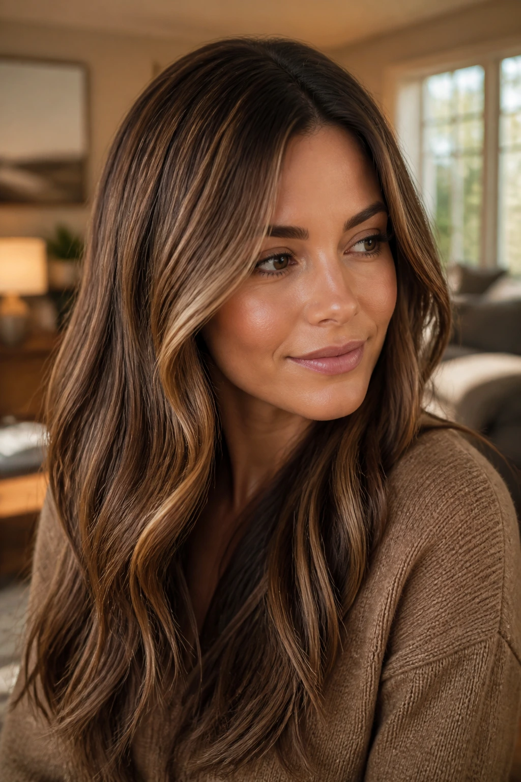 Close-up portrait of a real woman showing honey amber highlights in medium brown hair