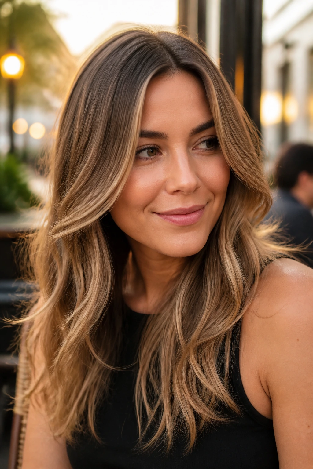 Close-up portrait of a real woman with honey-ash blend hair.