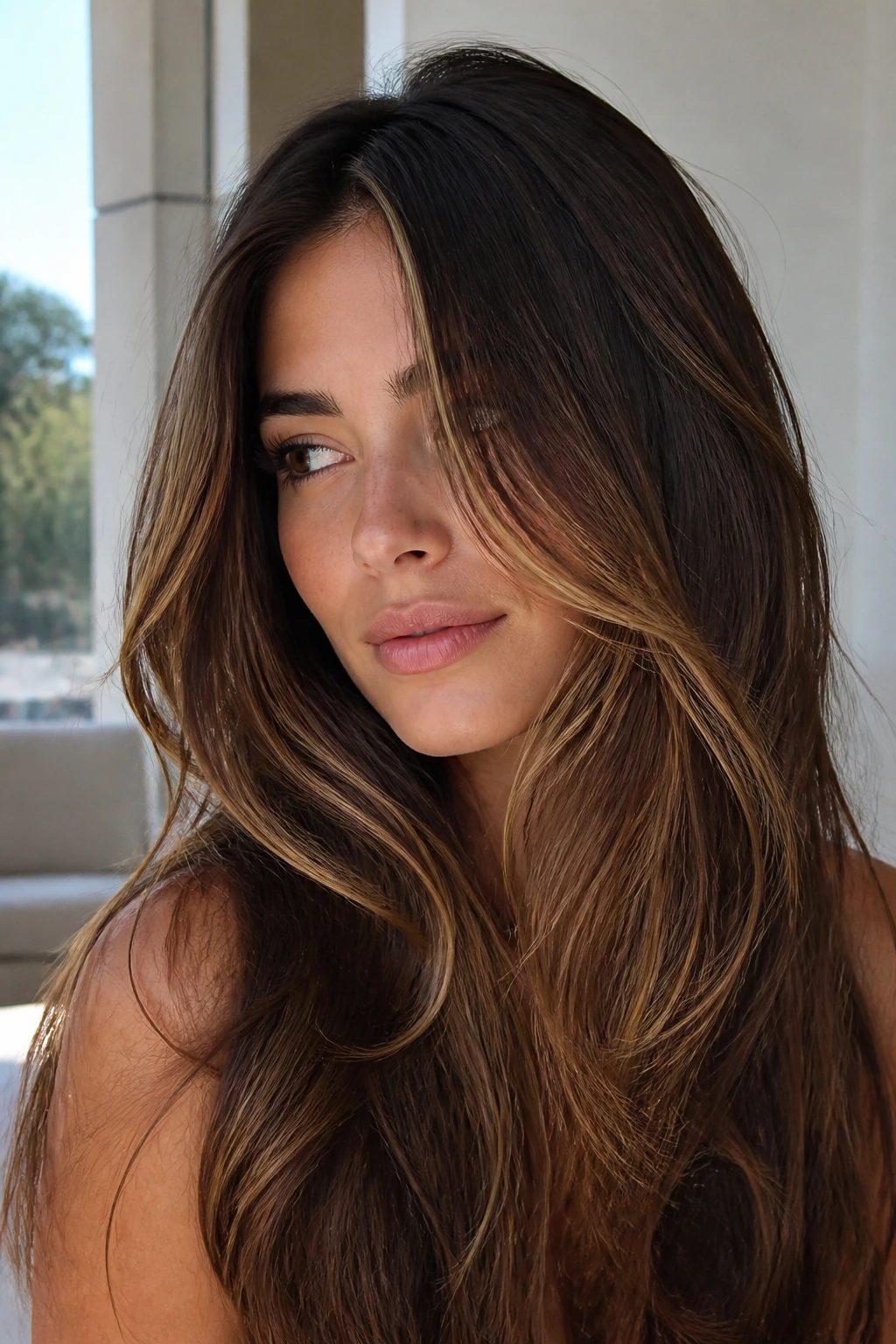Close-up of long dark brunette hair with delicate honey babylights near the face