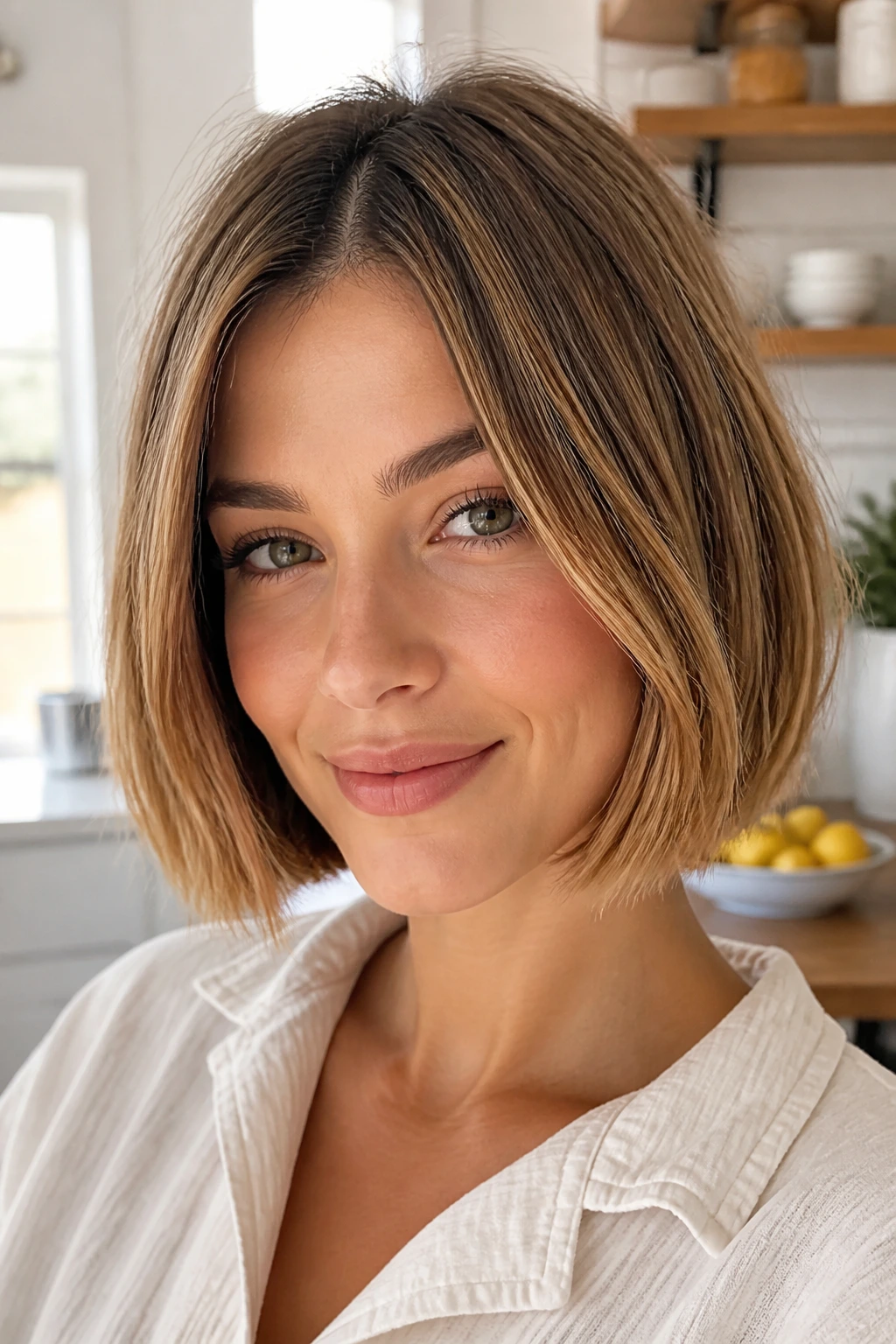 Close-up of blunt bob with warm honey balayage.