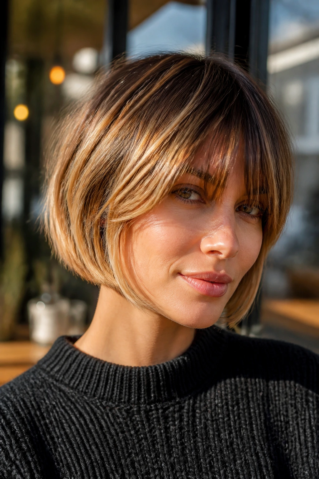 Portrait of woman with honey balayage French bob in cafe lighting