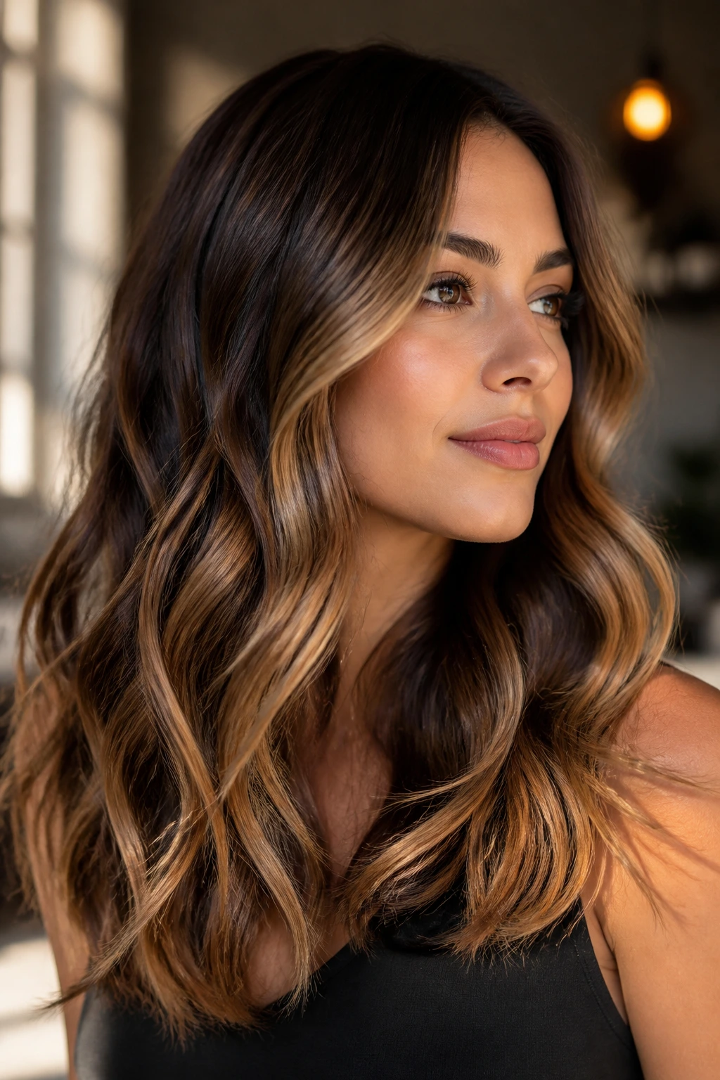 Close-up of chestnut hair with honey balayage ribbons and loose waves