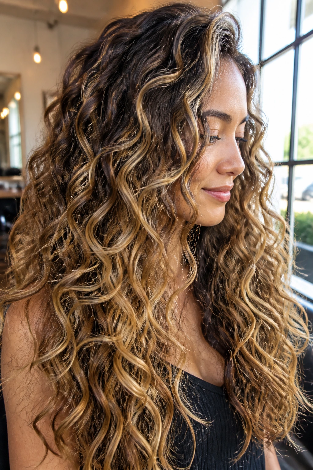 Long curly hair with honey ribbon balayage and dark roots on a real person