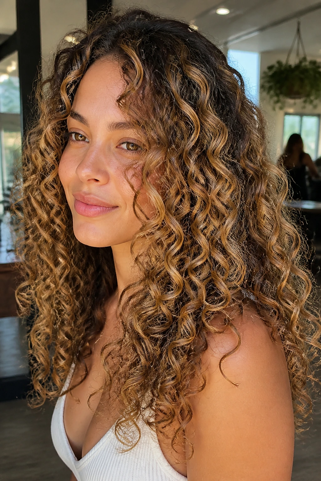 Close-up of curly hair with honey ribbon balayage in a sunlit salon