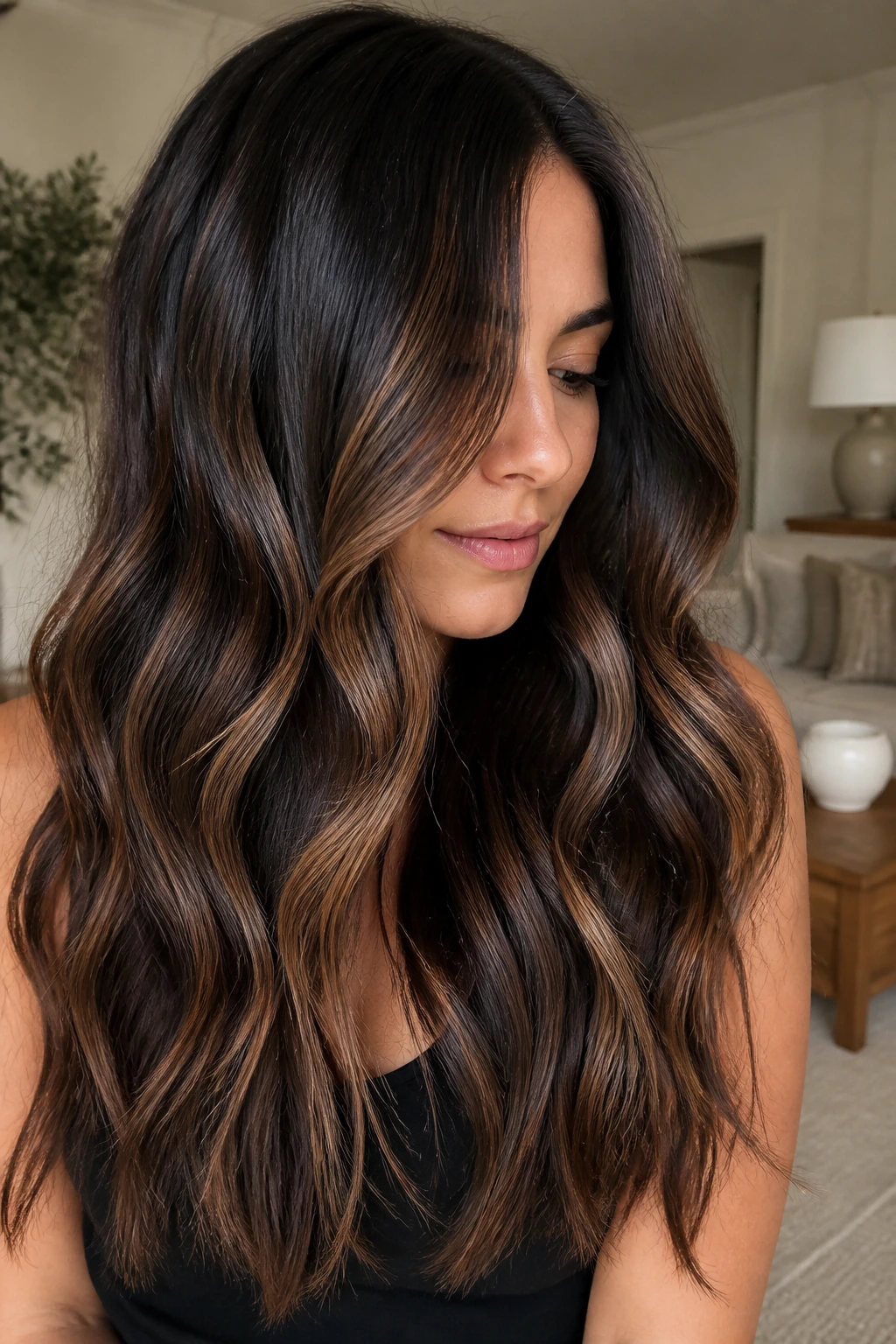 Espresso hair with honey ribbon balayage in a soft-lit living room