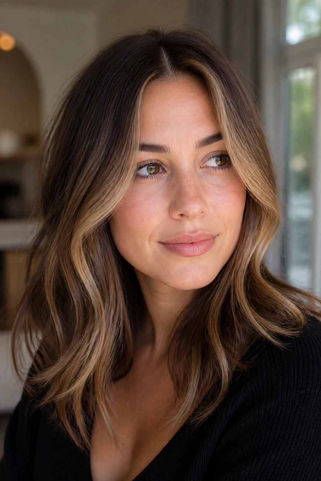 Close-up of brunette with honey face-framing balayage highlighting the cheek area