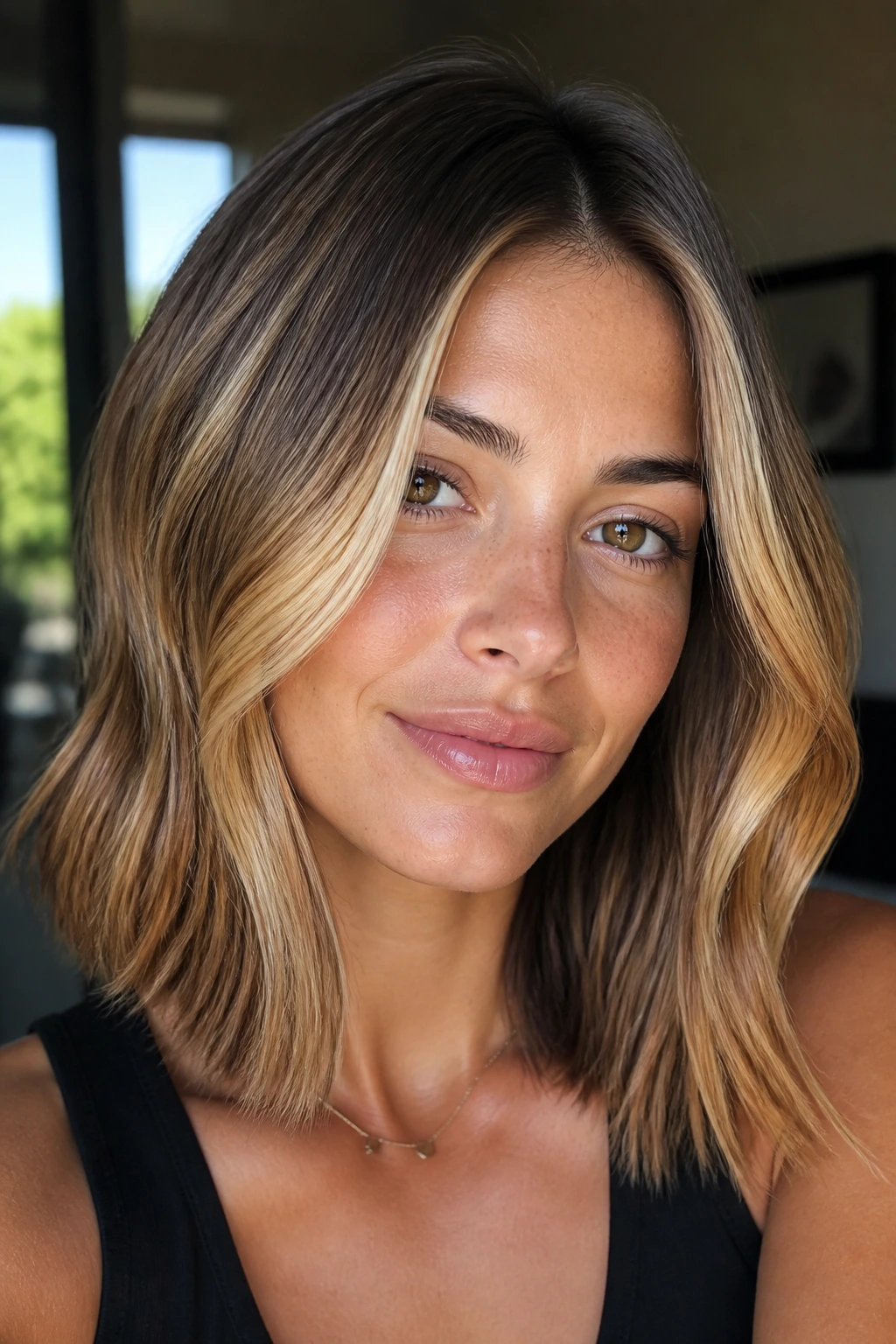 Close-up of a real person with honey balayage framing the face on a lob