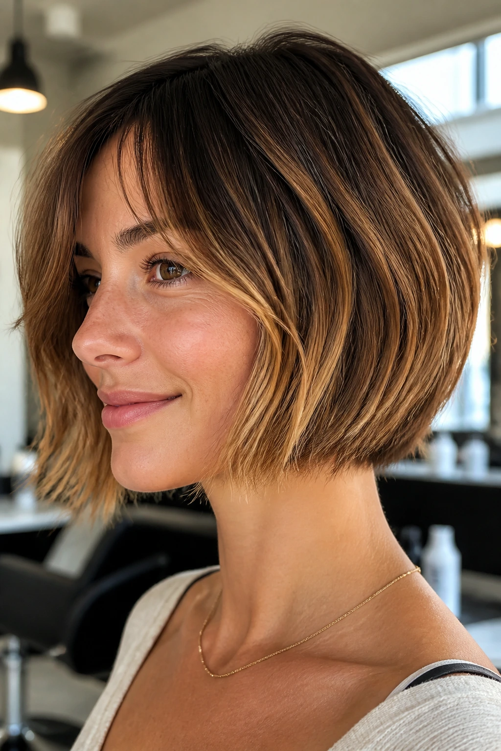 Close-up of honey balayage on a French bob on a real person