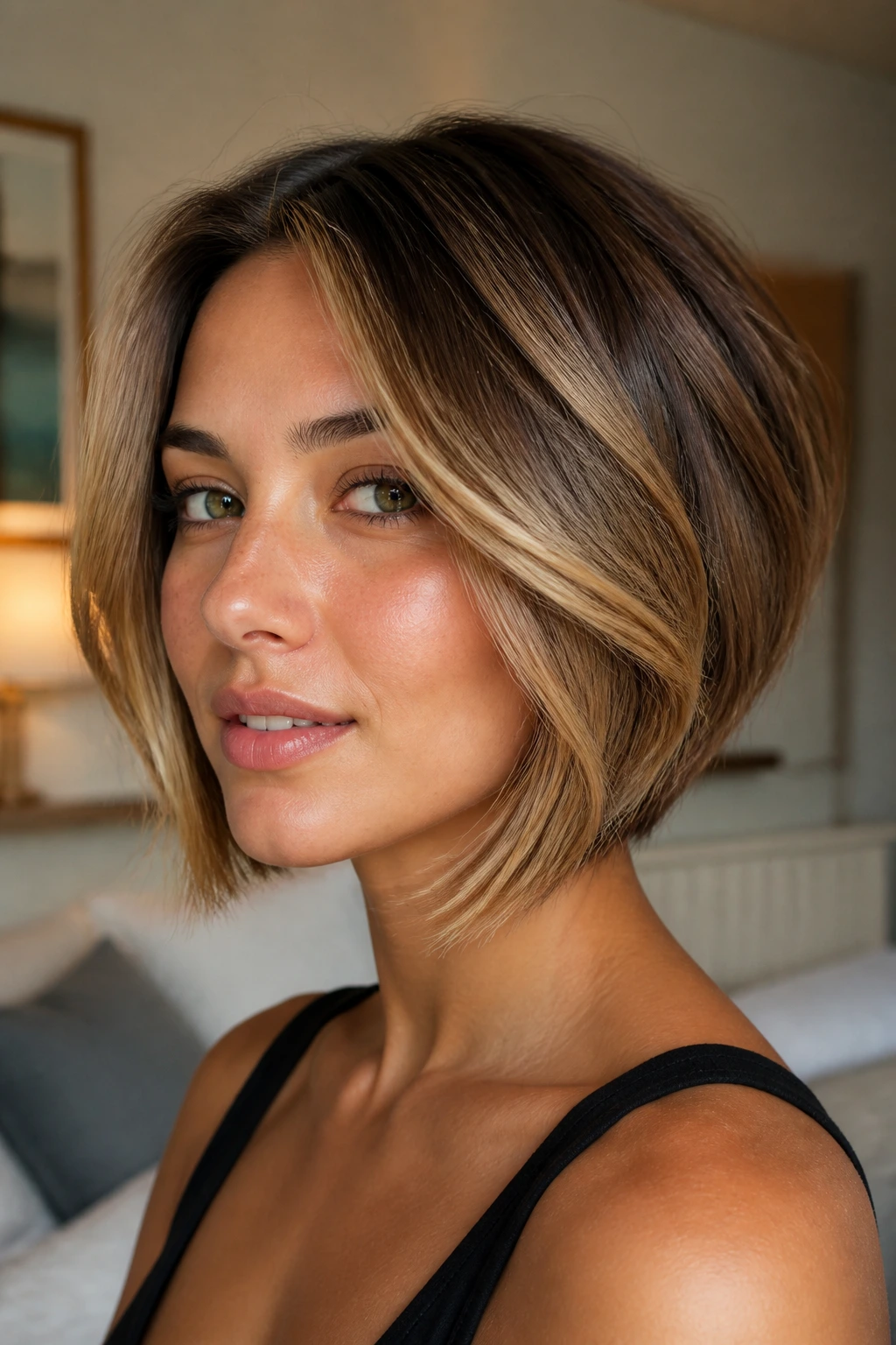 Close-up of a real woman with honey balayage on an inverted bob in warm window light