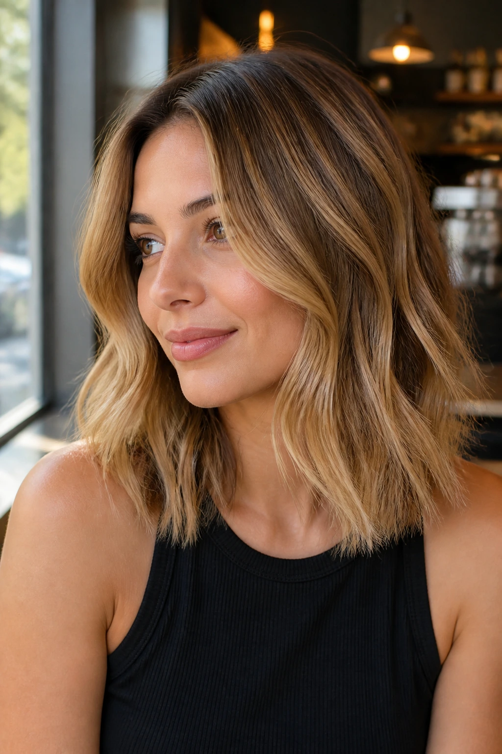 Close-up of honey balayage on a long bob with airy ends on a real person