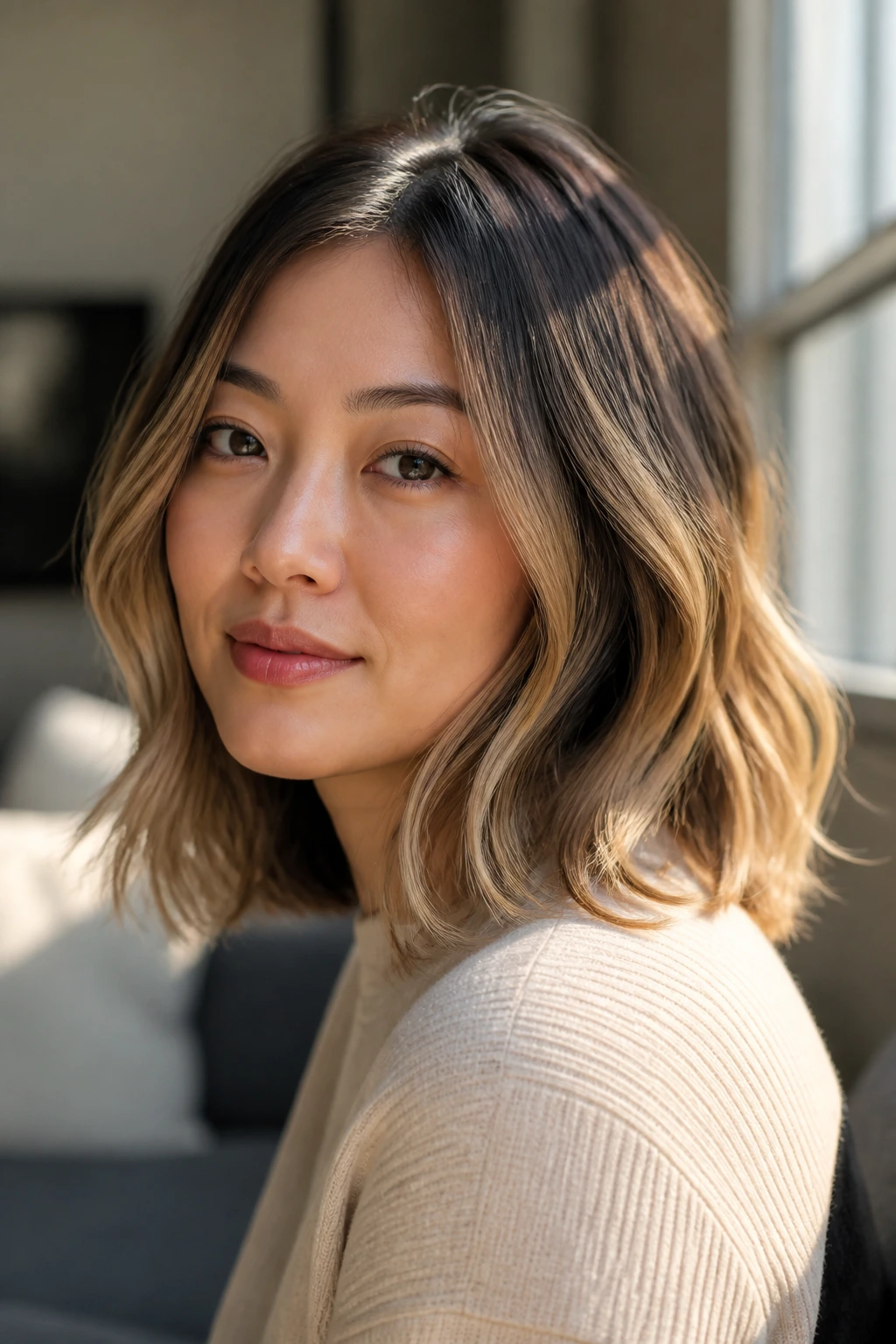 Close-up portrait of a real woman with honey balayage lob in warm window light