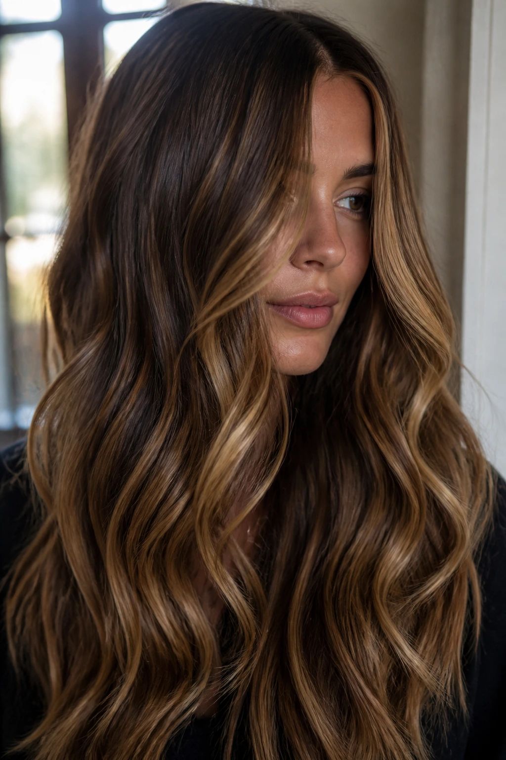 Close-up of long hair with honey ribbon balayage showing warm ribbons through mids and ends.