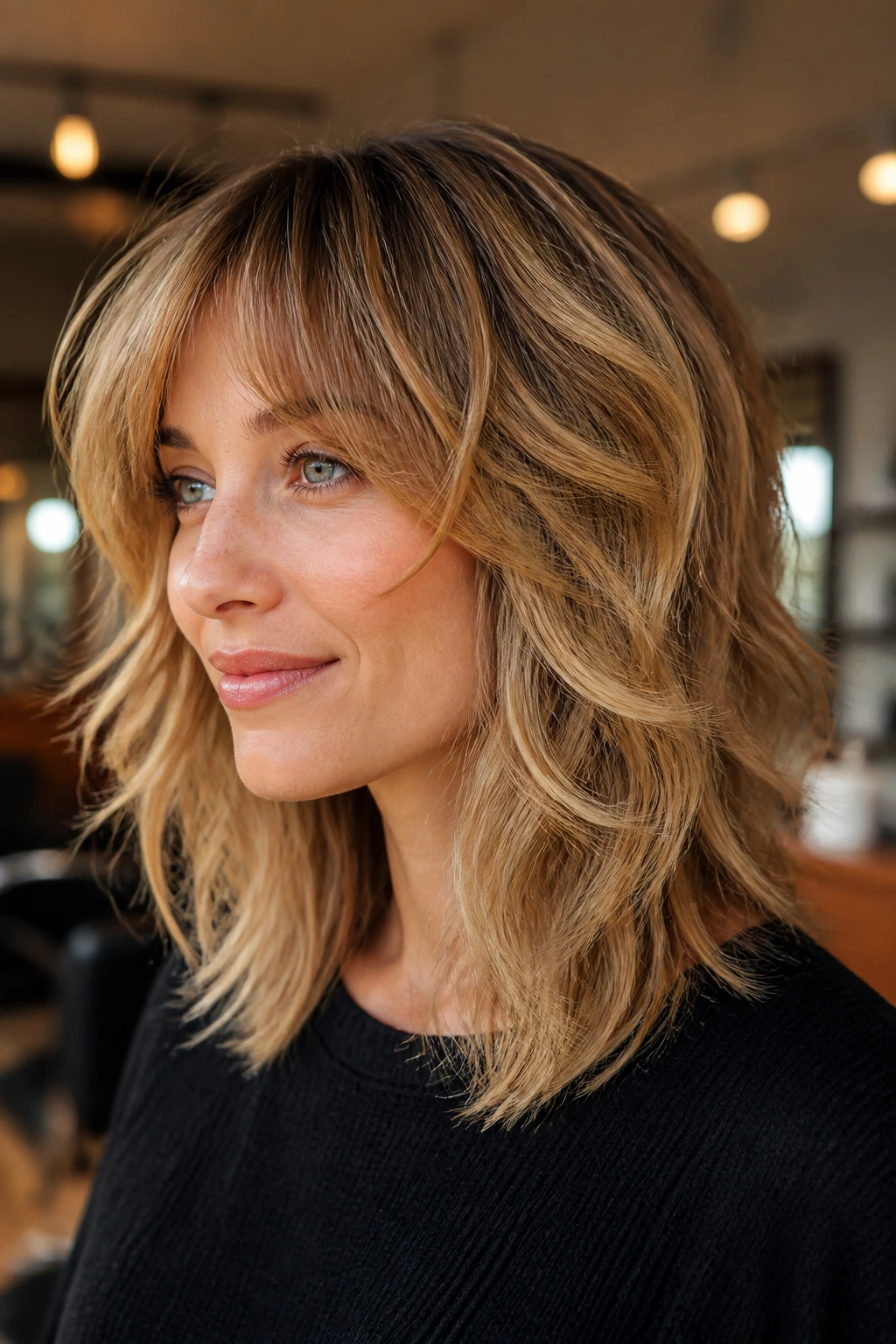 Honey balayage on a feathered shag on a real woman showing midlengths and ends