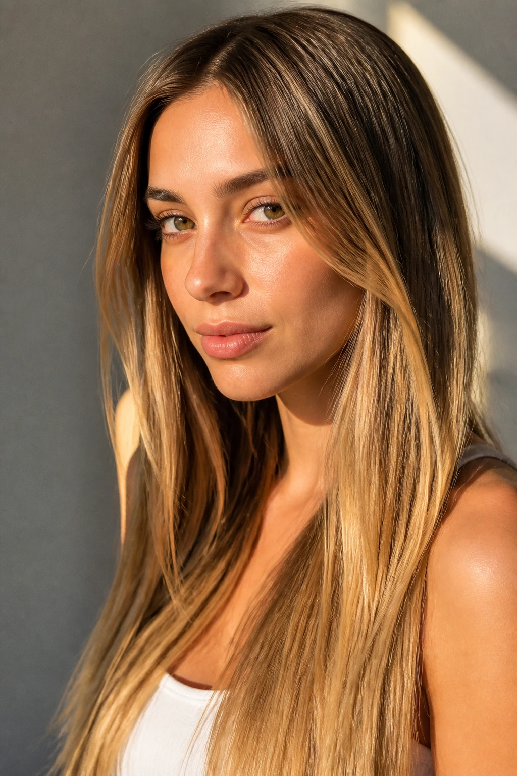Portrait of a real woman with sunlit honey balayage on straight hair