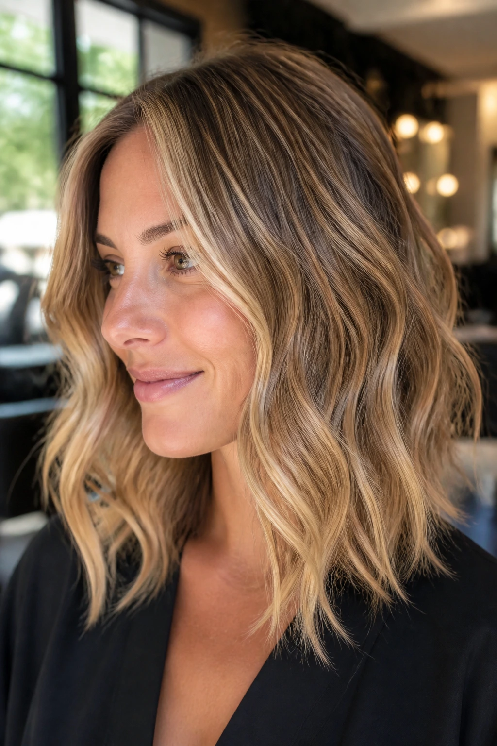 Close-up of a woman with honey ribbon balayage on soft shoulder-length waves