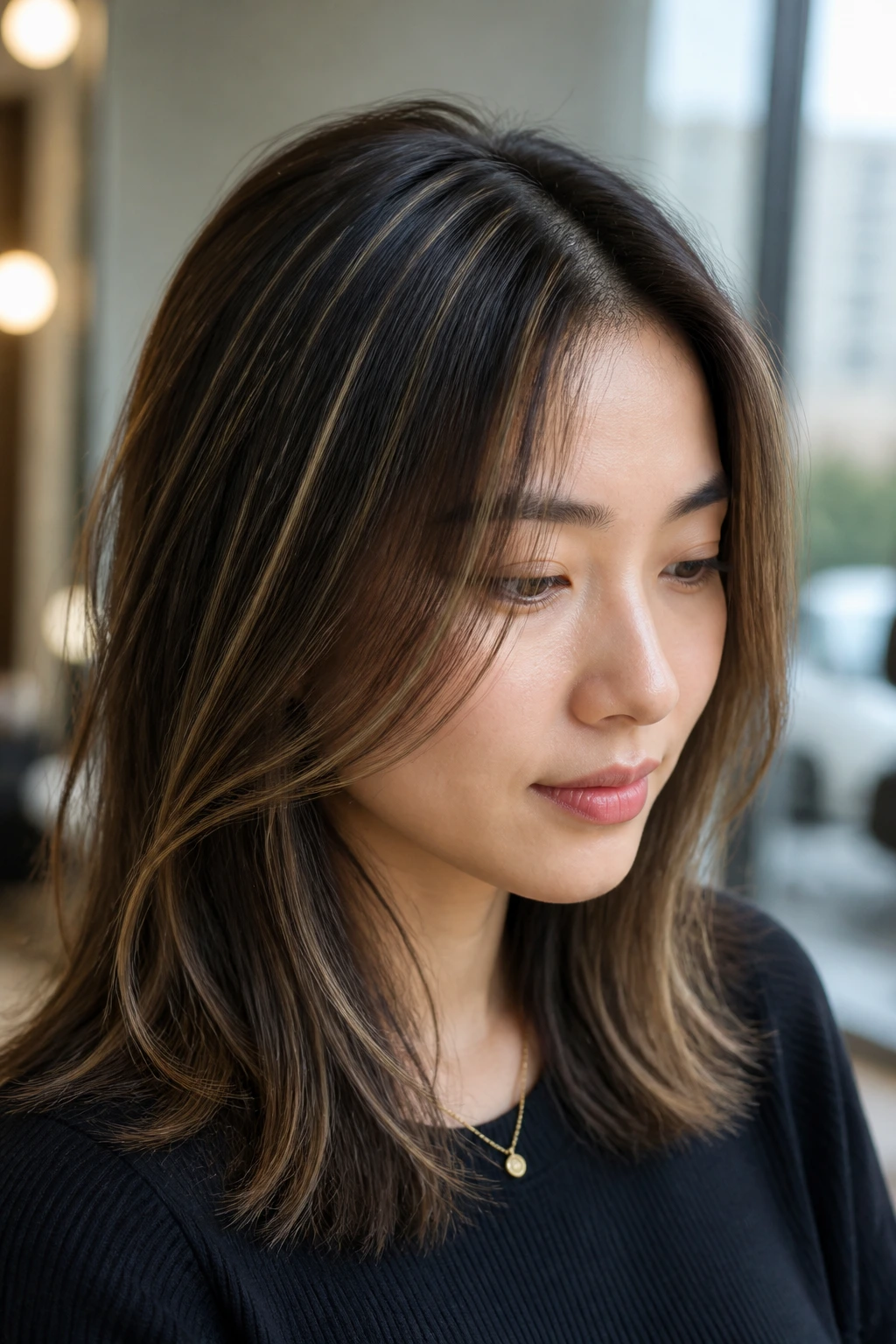 Asian woman with honey beige babylights for subtle brightness