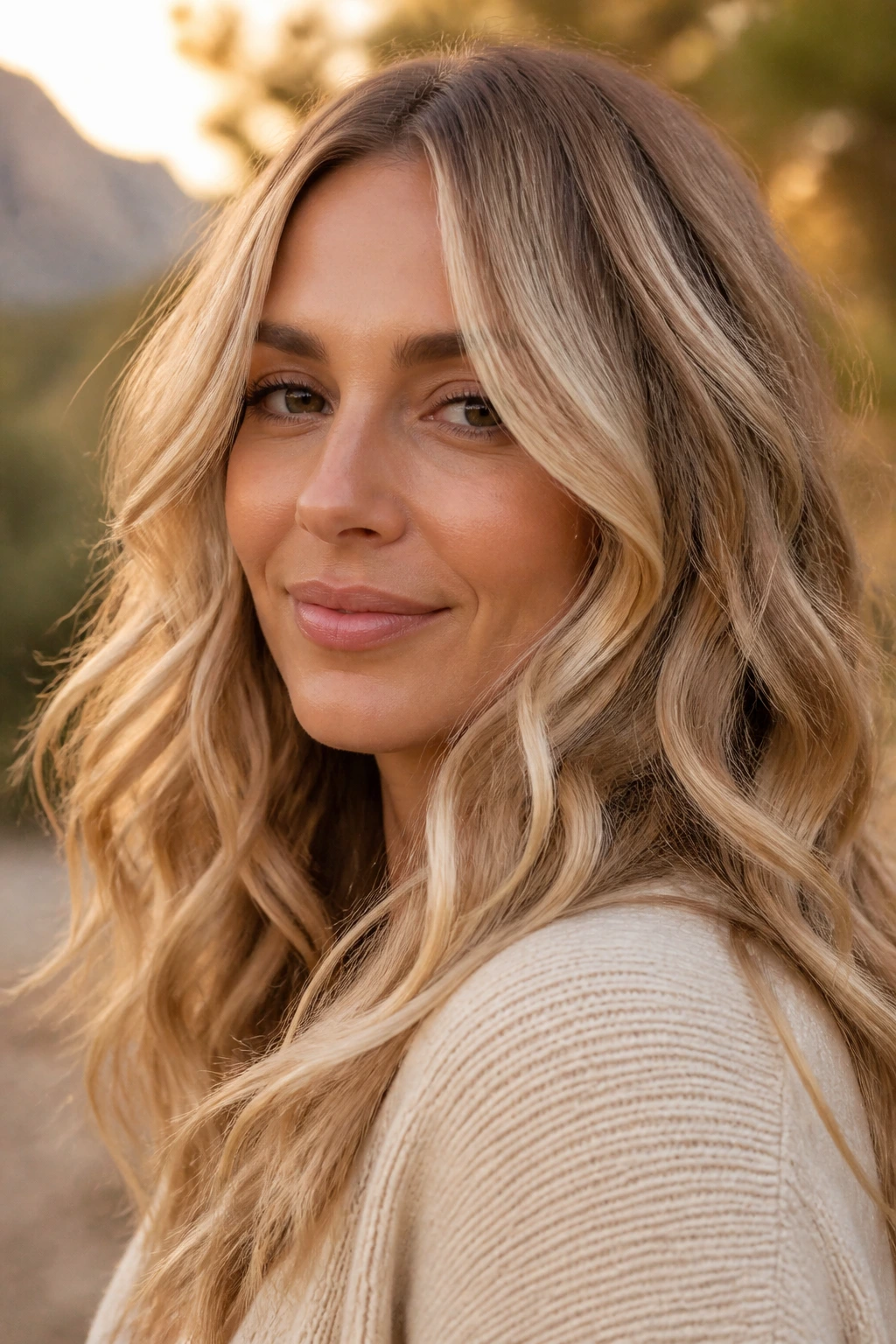 Close-up portrait of a real woman with honey beige blonde hair and warm-neutral ribbons in golden hour light