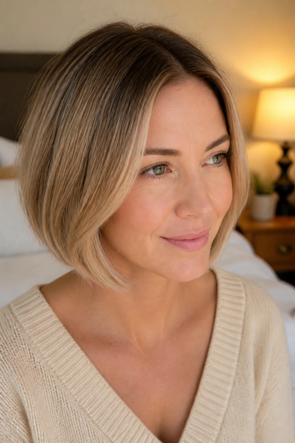 Close-up of a woman with fine-hair bob in honey beige ombre under warm light
