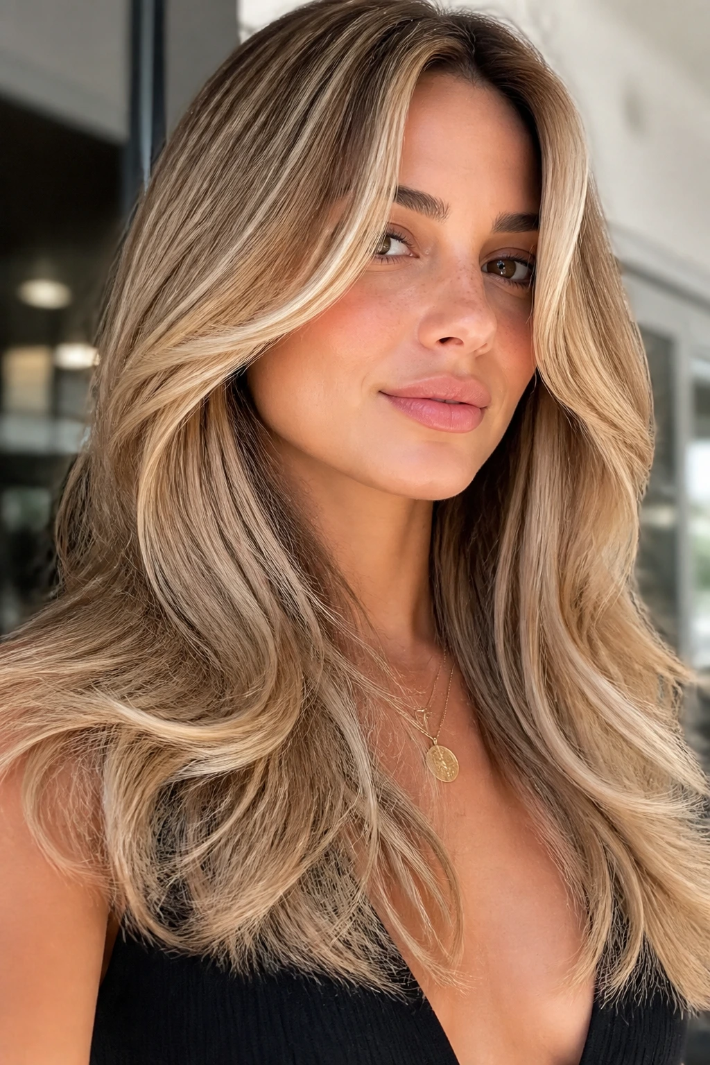 Portrait of a woman with honey beige layered hair showing face-framing lighter pieces
