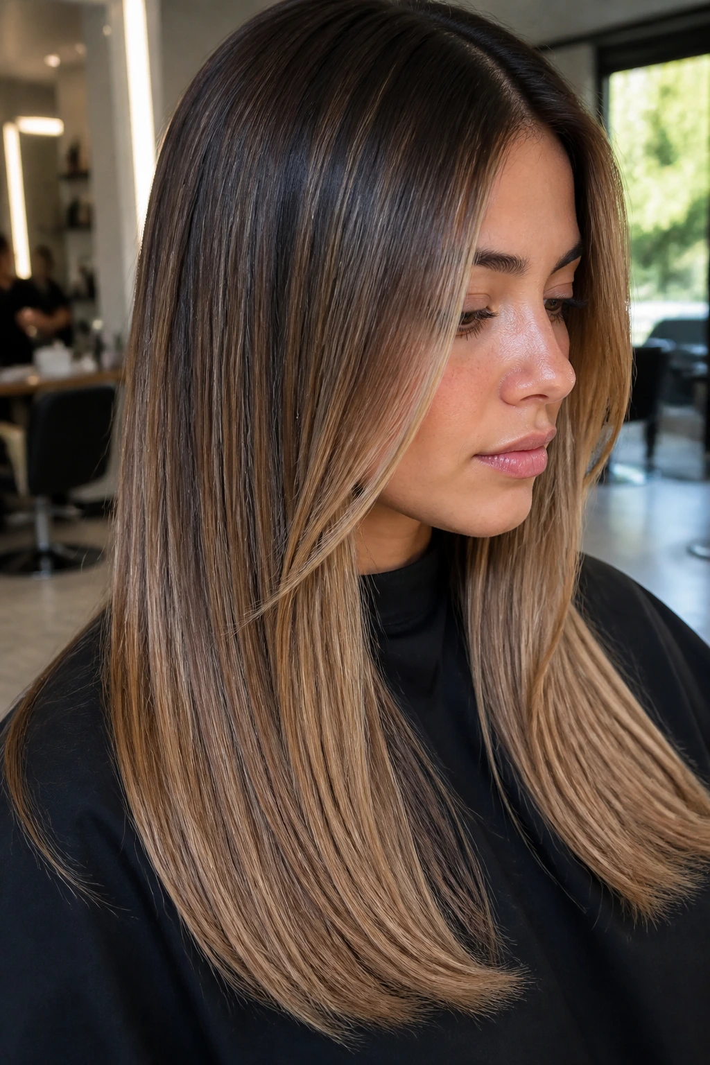 Close-up of honey beige ribbon balayage on straight hair with feathered ribbons starting at cheekbone